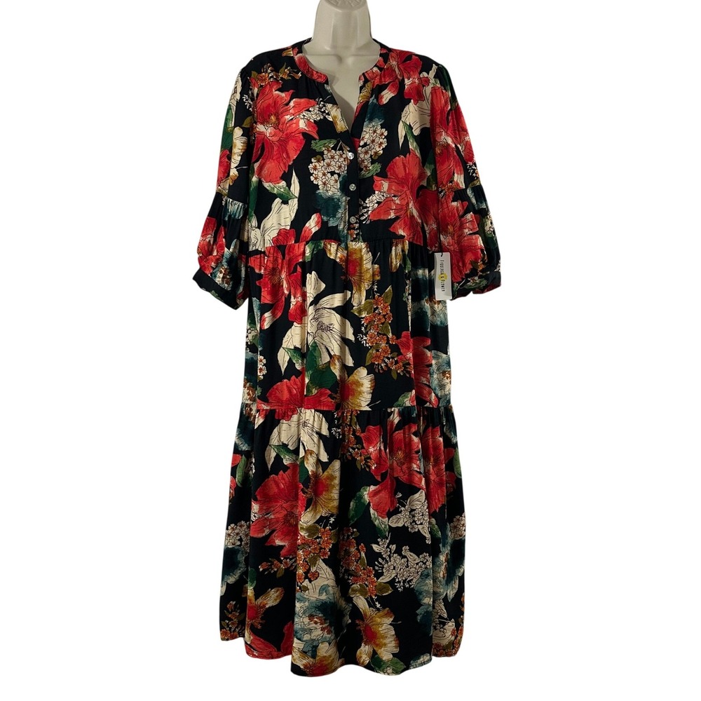 Figueroa & Flower Womens XL Floral Tiered Maxi Dress Black Red Boho NWT
